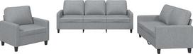 „vidaXL“ sofų komplektas, 3 dalių: fotelis, sofa su pagalvėle, pufas; svetainės sofa su porankiais; sofų komplektas; dizainerio sukurta sofa; sėdimoji baldai; minkštieji baldai; šviesiai pilkos spalvos audinys