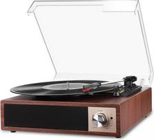 „VIFLYKOO“ patefonas, „Bluetooth 5.4“ plokštelių grotuvas su 2 stereogarsiakalbiais, belaidis 3 greičiai (33/45/78 aps/min), vinilo grotuvas su ausinių lizdu, AUX įvestimi, RCA išvestimi ir USB jungtimi, raudonmedžio spalvos