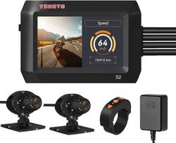 „VSYSTO“ motociklo vaizdo registratorius, dvi 1080p priekinė ir galinė kameros, 3 colių IPS ekranas, 140° plataus kampo objektyvas, „Wi-Fi“ ir GPS, visiškai atsparus vandeniui, su naktinio matymo funkcija ir stovėjimo vietos stebėjimo funkcija