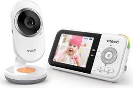 „VTech“ BM3254 kūdikių stebėjimo prietaisas su kamera, didelio veikimo nuotolio, 2,8 colių LCD ekranas, spalvotas naktinis apšvietimas, raminantys garsai ir lopšinės, dvipusis ryšys – DE versija, balta