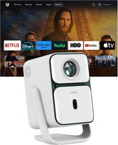 „Wanbo T2 Ultra“ mini projektorius, nešiojamas, 500 ANSI liumenų, „Android TV“ | Namų kino sistema su pasukamu projektoriumi ir automatiniu fokusavimu, integruotu „Chromecast“ ir 10 W garsiakalbiais, išmanusis, „Bluetooth 5“