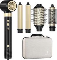 „webeauty“ 6-in-1 „Airstyler“ rinkinys, plaukų formavimo prietaisas ir plaukų džiovintuvas, juodos spalvos, 100–240 V | 110 000 aps/min, 30 m/s, 500 mln. neigiamų jonų plaukų džiovintuvas su plaukų džiovinimo šepečiu, apvaliu džiovinimo šepečiu, automatin