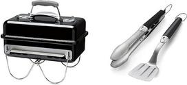 „Weber Go-Anywhere“ nešiojamas anglies grilis, juodos spalvos (1131004), 27 x 31 x 43 cm, ir 6645 kepimo reikmenų rinkinys, kompaktiškas, 2 vnt., žnyplės ir mentelė, nerūdijančio plieno, juodos spalvos