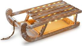 „Well Home“ dekoratyvinės Kalėdų rogės su LED lemputėmis, 50 x 24 x 16 cm, pagamintos iš natūralaus medžio, nudažytos kalkėmis, su 50 mikro-LED lemputėmis, šiltos baltos spalvos