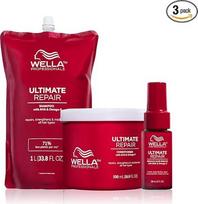 „Wella Professionals Ultimate Repair“ komplektas – atkuriamasis šampūnas, stiprinantis kondicionierius ir atkuriamasis 90 sekundžių plaukų serumas – 1 l drėkinamasis šampūno pildymas, 500 ml kondicionierius, 30 ml purškimo priemonė