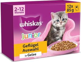 „WHISKAS Junior“ šlapio maisto porcijų maišelių rinkinys, paukštienos asortimentas želėje, 12 x 85 g