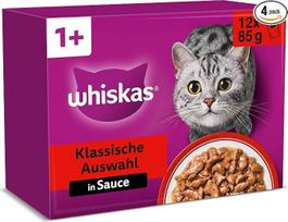 „Whiskas 1+“ kačių šlapias maistas – klasikinis asortimentas padaže, 12 x 85 g (4 pakuotės) – aukštos kokybės šlapias maistas 48 porcijiniuose maišeliuose, skirtas laimingai katei nuo 1 metų amžiaus