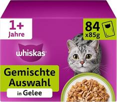 „Whiskas 1+“ kačių šlapias maistas – įvairių skonių rinkinys želėje, 84x85 g (1 didelė pakuotė) – aukštos kokybės šlapias maistas suaugusioms katėms, supakuotas į atskiras porcijas