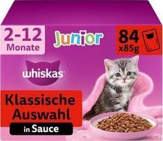 „Whiskas“ kačių šlapias maistas „Junior“ – klasikinis asortimentas padaže, 84x85 g (1 didelė pakuotė) – subalansuotas šlapias maistas augančioms 2–12 mėnesių amžiaus katėms, supakuotas į atskiras porcijų pakuotes
