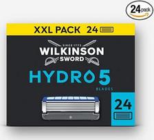 „Wilkinson Sword Hydro 5“ vyriški skustuvų peiliukai, vyriškų skustuvų keičiamųjų peiliukų rinkinys, odos drėkinimas, anglies danga padengti peiliukai, XXL rinkinys, 24 keičiamieji peiliukai
