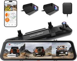„WOLFBOX G900 Tripro“ buferio 3 kanalų 4K atbulinės eigos kamera su veidrodžiu | 4K+2,5K+1080P automobilinė vaizdo kamera (priekinė ir galinė), skirta montuoti ant buferio, 8 MP „STARVIS 2“ IMX 678, 12 coliųekranas, skirtas visureigiams (SD kortelė neįtra