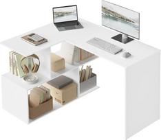 „Woltu®“ kampinis stalas TS64ws – kampinis kompiuterinis stalas – biuro stalas kompiuteriui, nešiojamojo kompiuterio stalas su lentynomis – 120 x 100 x 77 cm (P x G x A) – MDF, baltas | Atvira lentyna, dvigubas stalviršis, skirtas namų biurui, miegamajam,