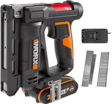 „WORX“ 20 V WX843 akumuliatorinis vinų šaudyklė, „2-in-1“ ir sąvaržų šaudyklė, 18GA ir 53 tipo | Gylio reguliavimas be įrankių, 2-in-1 vinis, skirtas 15 mm 0,82 mm vinims (18GA) ir 10 mm 53 tipo sąvaržoms, LED, iki 2K šūvių iš vieno akumuliatoriaus