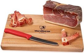 „Wurstbaron“ serrano kumpio rinkinys – 1 kg serrano kumpio (vienas gabalas be kaulo) dovanų rinkinys su pjaustymo lentele ir peiliu