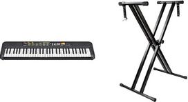 „Yamaha PSR-F52“ skaitmeninis klavišinis instrumentas, juodos spalvos – kompaktiškas skaitmeninis klavišinis instrumentas ir „RockJam“ dvigubai sutvirtintas reguliuojamas klavišinio instrumento stovas su saugos fiksatoriais