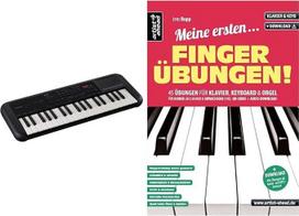 „YAMAHA PSS-A50“ klaviatūra, juoda – nešiojama mini klaviatūra su puikiu garsu ir efektais bei „Mano pirmieji pirštų pratimai!“ – 45 pratimai fortepijonui, klaviatūrai ir vargonams