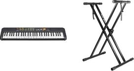 „Yamaha PSR-F52“ skaitmeninis klavišinis instrumentas, juodos spalvos – kompaktiškas skaitmeninis klavišinis instrumentas ir „RockJam Xfinity“ dvigubai sutvirtintas, iš anksto surinktas klavišinio instrumento stovas su saugos fiksatoriais