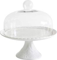 „YBK Tech Strength Porcelain“ elegantiškas tortų stovas, skirtas keksams – su reljefiniu nėrinių raštu (baltas, su stikliniu gaubtu)