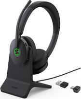 „Yealink BH74“ su laikikliu – belaidės „Bluetooth“ ausinės su mikrofonu, skirtos kompiuteriui | 6 mikrofonų dirbtinio intelekto triukšmo slopinimas, nutildymo funkcija pasukus ausines ir raktas, 32 valandų pokalbių trukmė, ant ausų dedamos „Bluetooth“ aus
