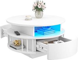 „YITAHOME“ modernus apvalus kavos staliukas su LED apšvietimu, 70 cm kavos staliukas su dviejų lygių daiktų laikymo skyriumi ir 2 stalčiais, briaunotas kavos staliukas su lentynomis, šoninis staliukas svetainei, baltas