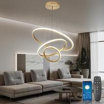 „YOODI“ modernus LED pakabinamas šviestuvas valgomojo stalui, 3 žiedų LED pakabinamas šviestuvas, 45 W, reguliuojamo ryškumo su nuotolinio valdymo pultu, 3000 K – 6000 K, linijinio dizaino pakabinami šviestuvai valgomajam, svetainei (auksiniai)