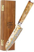 „YOUSUNLONG“ „Santoku“ peilis, 120 mm – rankų darbo japonų virtuvės peilis su varinio Damasko plieno ašmenimis – itin aštrus azijietiškas peilis – rankena iš natūralaus riešutmedžio su akacijos medžio dėžute