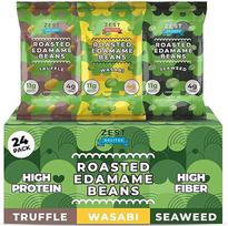 „Zest Delites“ traškūs, sausi, skrudinti edamame pupelės, su triufeliais, jūros dumbliais ir vasabi, veganiškas užkandis, mažai kalorijų (120 kcal), daug baltymų (11 g), mažai angliavandenių, tinka keto dietai, 0,9 oz, 24 vnt. pakuotė