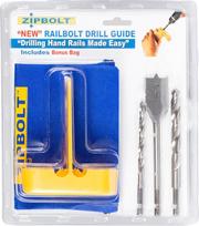 „Zipbolt 40.260“ bėgių varžtų gręžimo gidas, skirtas laiptų turėklams, naudojant 1/4" ir 3/8" grąžtus bei 1" kastuvinį grąžtą