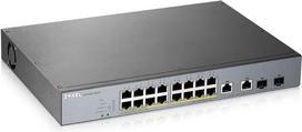 „Zyxel GS1350-18HP“ tinklo komutatorius, 16 prievadų, išmanusis valdomas PoE+ | 16 PoE+ prievadų su 250 W galios limitu + 2 kombinuoti RJ-45/SFP prievadai, „NebulaFlex Pro“, stebėjimo režimas, didelis veikimo nuotolis