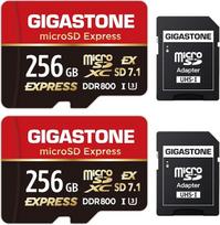 【Sukurta „Switch 2“】 „GIGASTONE“ 256GB „microSD Express“ SDXC atminties kortelių rinkinys (2 vnt.), iki 880/650MB/s, SD 2.0, 3.0, 5.0, 7.1, UHS-I, UHS-II, fotoaparatams, V30 U3, su SD adapteriu 【5 metų duomenų atkūrimo garantija】
