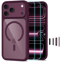 Tech-Protect MagOne CC MagSafe dėklas ir 2 apsauginiai stiklai iPhone 18 Pro / 17 Pro, Clear Burgundy