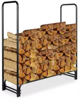 Metalinis malkinės stovas Mansur, milteliniu būdu dengtas plienas, 122 cm aukščio, juodas, malkų laikiklis namams, malkinė dėžė