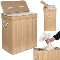 Bambuko skalbinių krepšys, 2 skyriai, natūralus, 100 l, drabužių dėžė, skalbinių konteineris, pintas krepšis