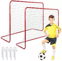 Dveji futbolo vartai vaikams, raudoni, plieniniai, sodo, 122x183x61 cm, futbolo varteliai, lauko žaidimams, treniruotėms