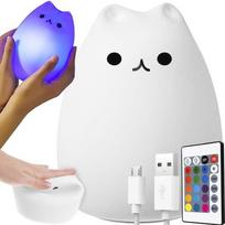 Vaikiškas LED naktinis šviestuvas Kačiukas su pulteliu ir RGB, baltas