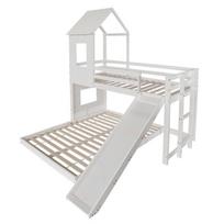 Vaikiška dviaukštė lova 90×200/140×200 cm, balta, pušis ir MDF, su čiuožykla, stogeliu, langais, turėklais ir kopėčiomis