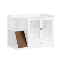 SoBuy Uždara kraiko dėžės spintelė katėms su draskymo rampa ir stiklo durimis, balta, 98 x 60 x 80 cm HAT02-L-E-W
