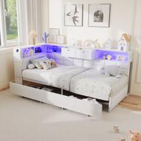 Sofa-lova 90×200 cm su L formos galvūgaliu (su daiktadėže ir keičiama puse), RGB LED, USB/Type-C, su 2 stalčiais, balta