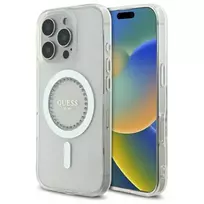 Guess GUHMP16LPFTDTEH Kietasis dėklas, skirtas Apple iPhone 16 Pro 6,3 inch, baltas, su cirkoniais ir IML technologija, MagSafe