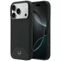 Mercedes-Benz Mercedes-Benz odinė juoda dėklas su medienos efektu ir išlenktu dizainu, su MagSafe, skirtas iPhone 17 Pro