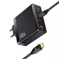 USAMS T52PD140W 140W GaN sieninis įkroviklis su 240W USB-C laidu, 2xUSB-C + 1xUSB-A, PD greitasis įkrovimas, juodas (US-CC168 + US-SJ581) UM serija UMXLOGTC01