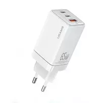 USAMS Sandru Series CC180TC02 GaN 65W USB-C Įkroviklis (Baltas) - 2xUSB-C + 1xUSB-A, PD3.0 & QC3.0 Greitas Įkrovimas, EU Kištukas