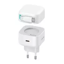 USAMS XMF Series CC202TC02 35W GaN USB-C sieninis įkroviklis su ištraukiamu USB-C kabeliu, PD+QC, baltas