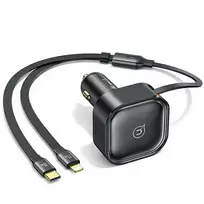 USAMS C41 automobilinis įkroviklis 30W PD greitas įkrovimas su ištraukiamu USB-C & Lightning laidu Juodas (US-CC219)