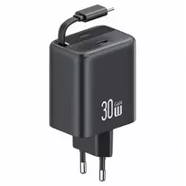 USAMS YC Series CC241TC01 30W GaN USB-C sieninis įkroviklis su ištraukiamu USB-C laidu, PD+QC greitasis įkrovimas, juodas
