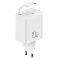 USAMS YC Series GaN 20W USB-C sieninis įkroviklis su įtraukiamu USB-C laidu, PD+QC greitasis įkrovimas, baltas (US-CC233)