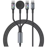 USAMS Huan Series 3-in-1 įkrovimo laidas su belaidžiu įkrovikliu 72W USB-C tamsiai pilkas