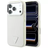 Guess Grained Triangle Logo MagSafe dėklas iPhone 18 Pro / 17 Pro, smėlio spalvos