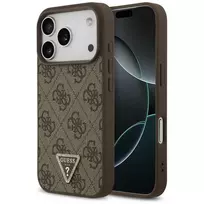 Guess Leather 4G Triangle Strass MagSafe dėklas iPhone 18 Pro / 17 Pro, rudas