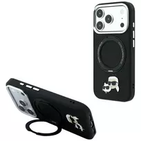 Karl Lagerfeld Ring Stand 360 Karl & Choupette Heads Pin MagSafe telefono dėklas iPhone 18 Pro Max / 17 Pro Max, juodas